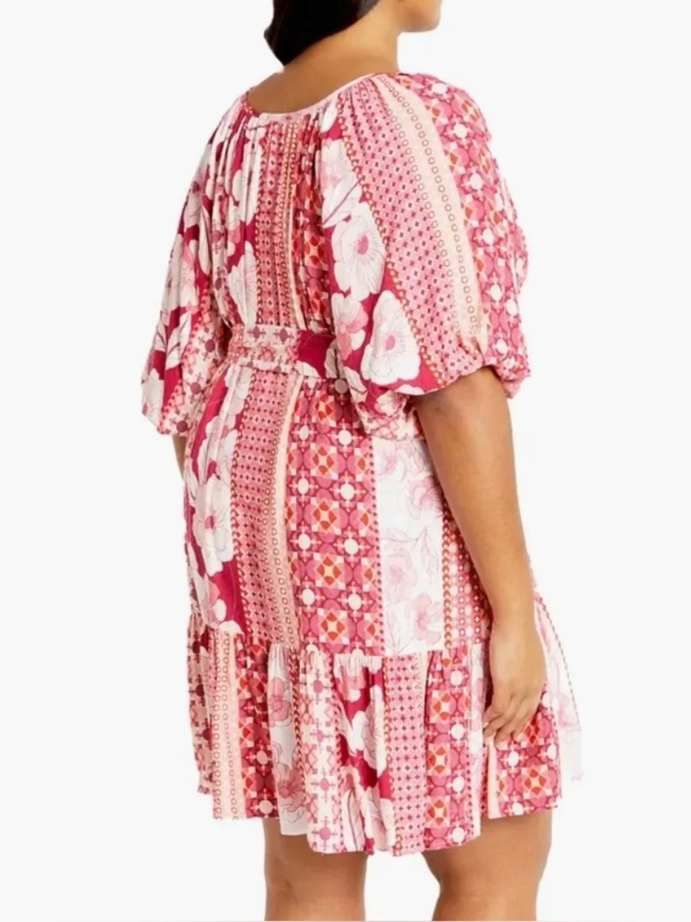 City Chic Patchwork Floral Viscose Cosmo Print Dress, Plus Size, Flowy Mini, New - Picture 12 of 13